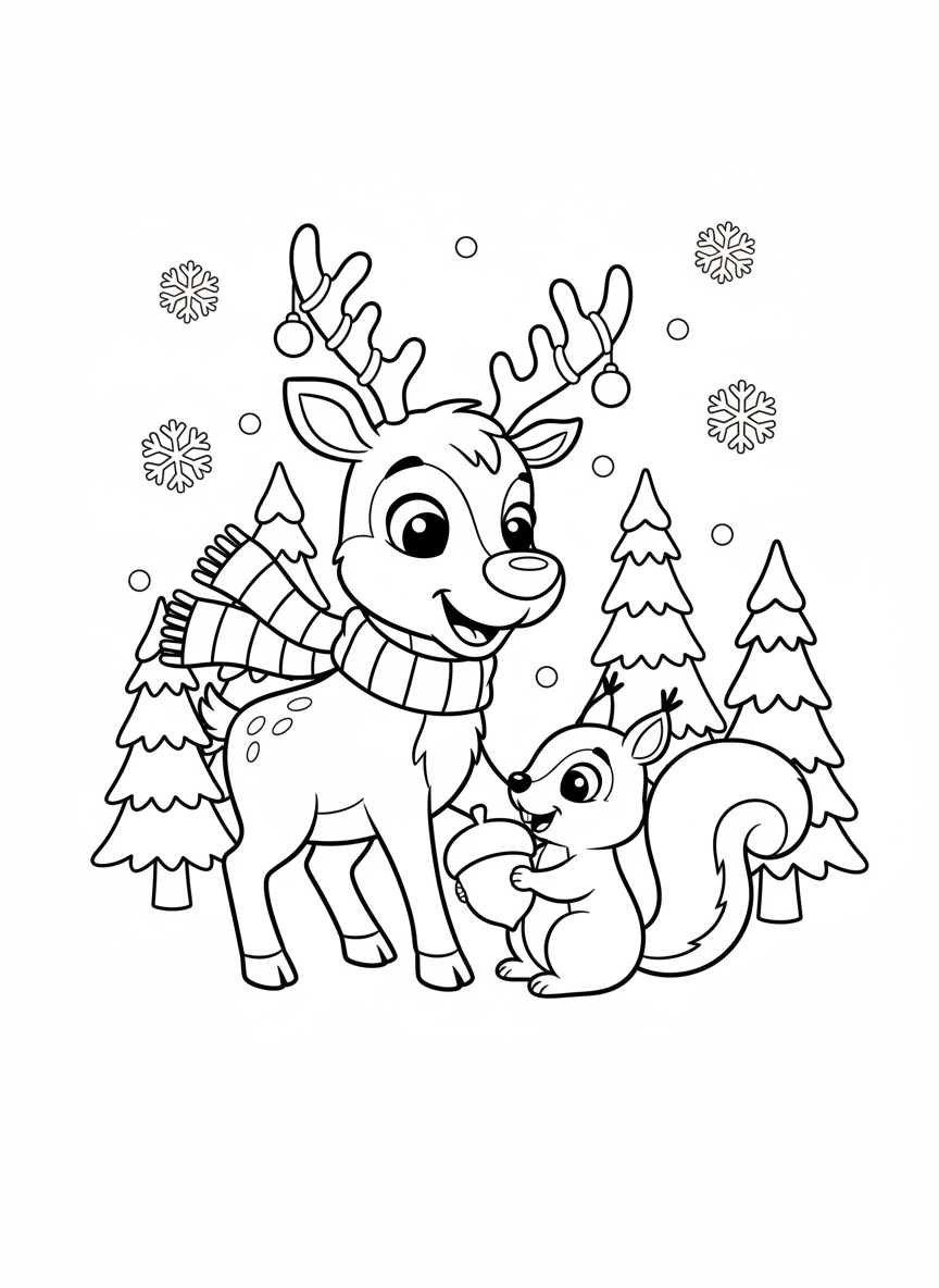 Cute Reindeer & Squirrel Winter Play Coloring Page