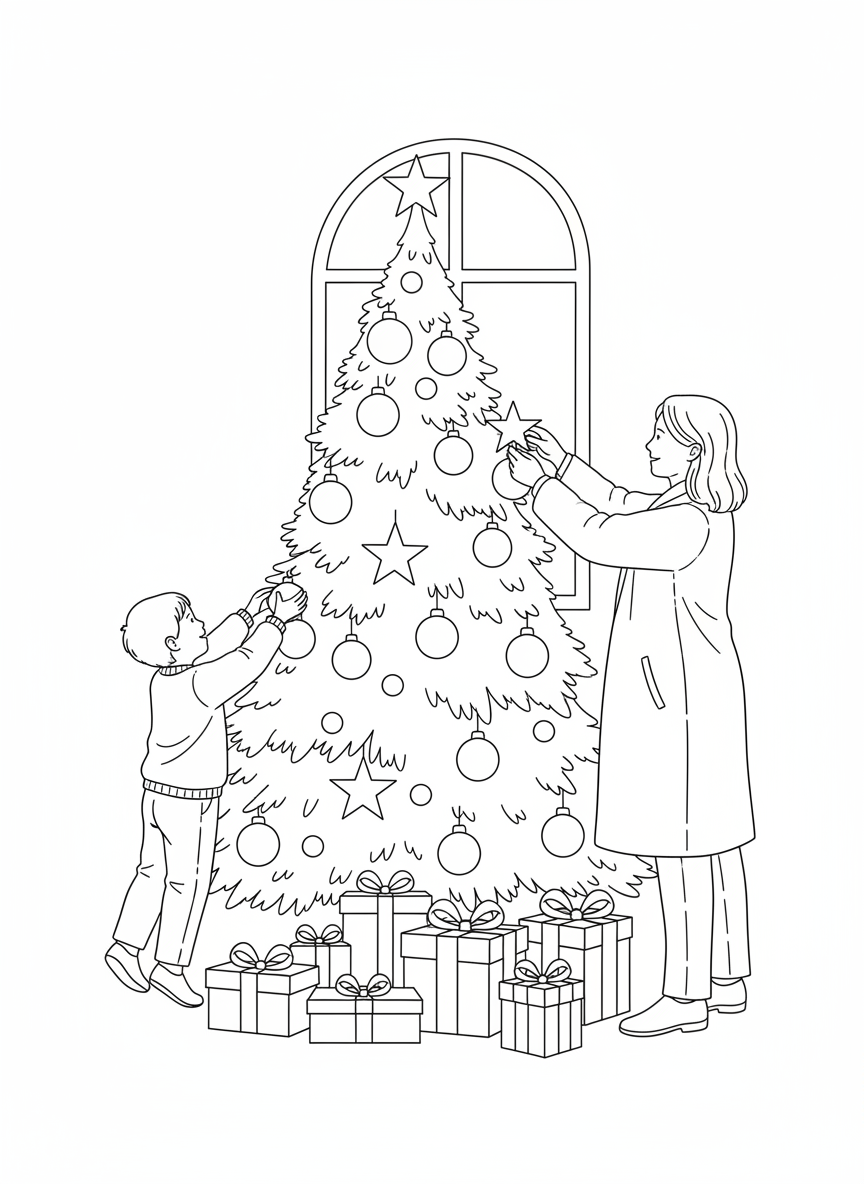 Decorating Family Christmas Tree Coloring Page