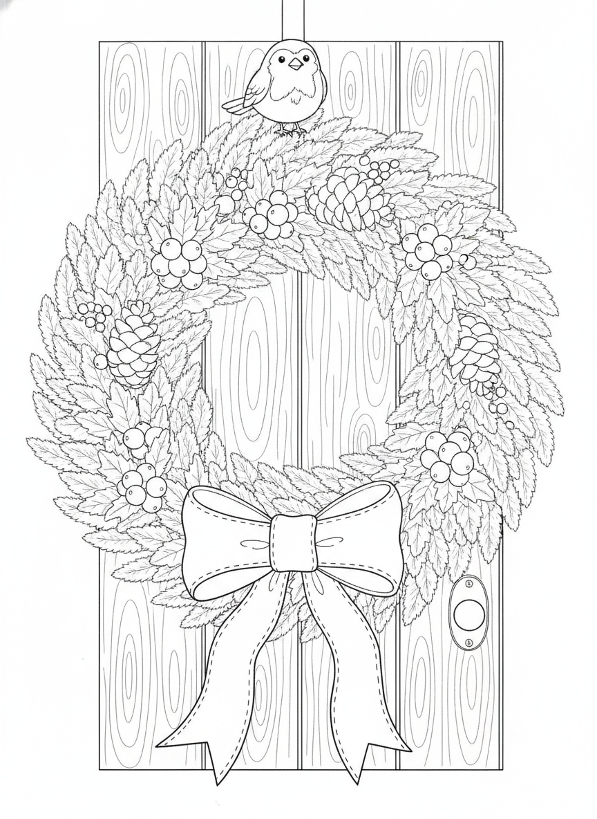 Delightful Christmas Wreath with Robin Coloring Page for Kids