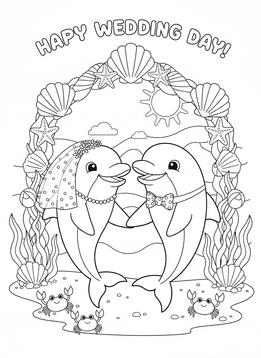 Dolphin Wedding Fun Coloring Page