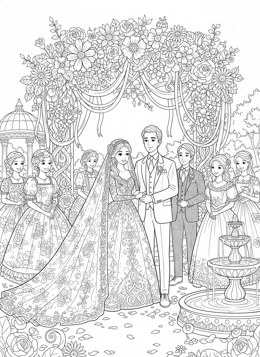Enchanting Garden Wedding Ceremony: A Detailed Coloring Page for Kids