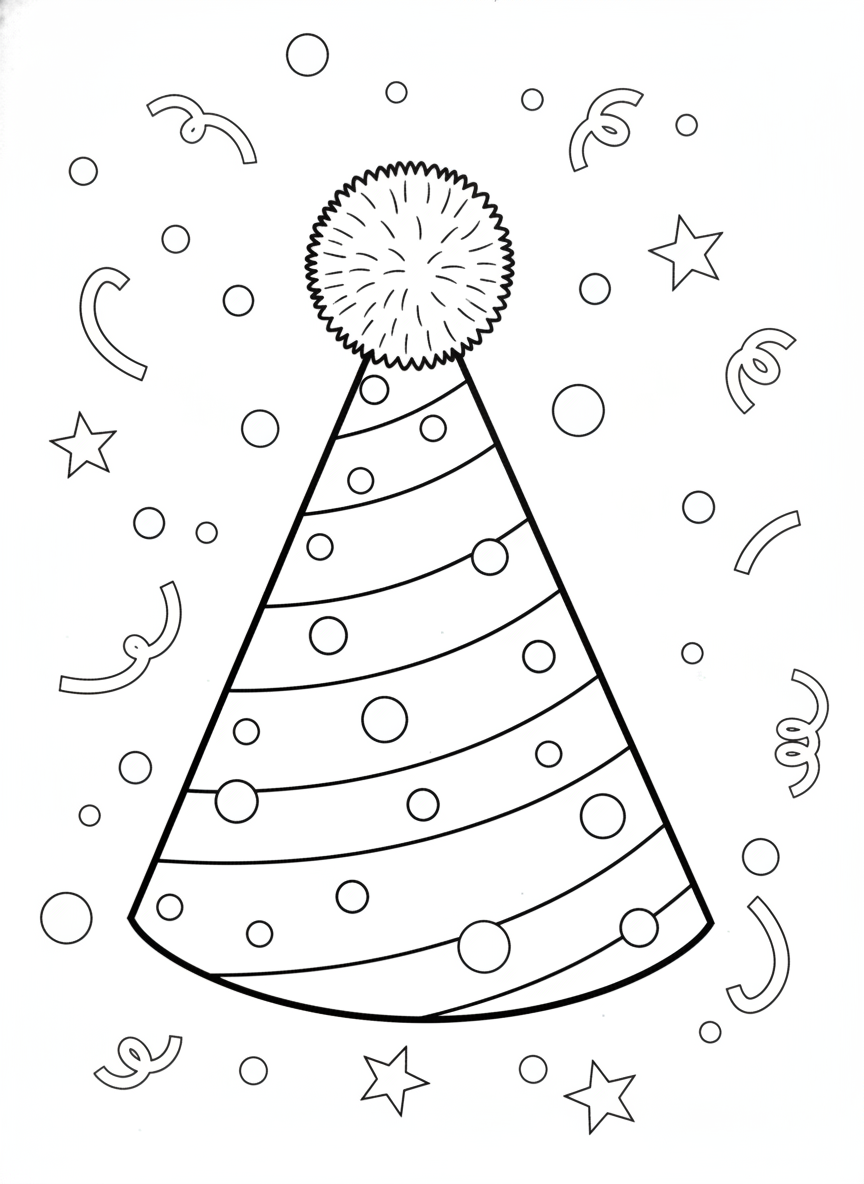Festive Party Hat with Confetti - Kids Coloring Page