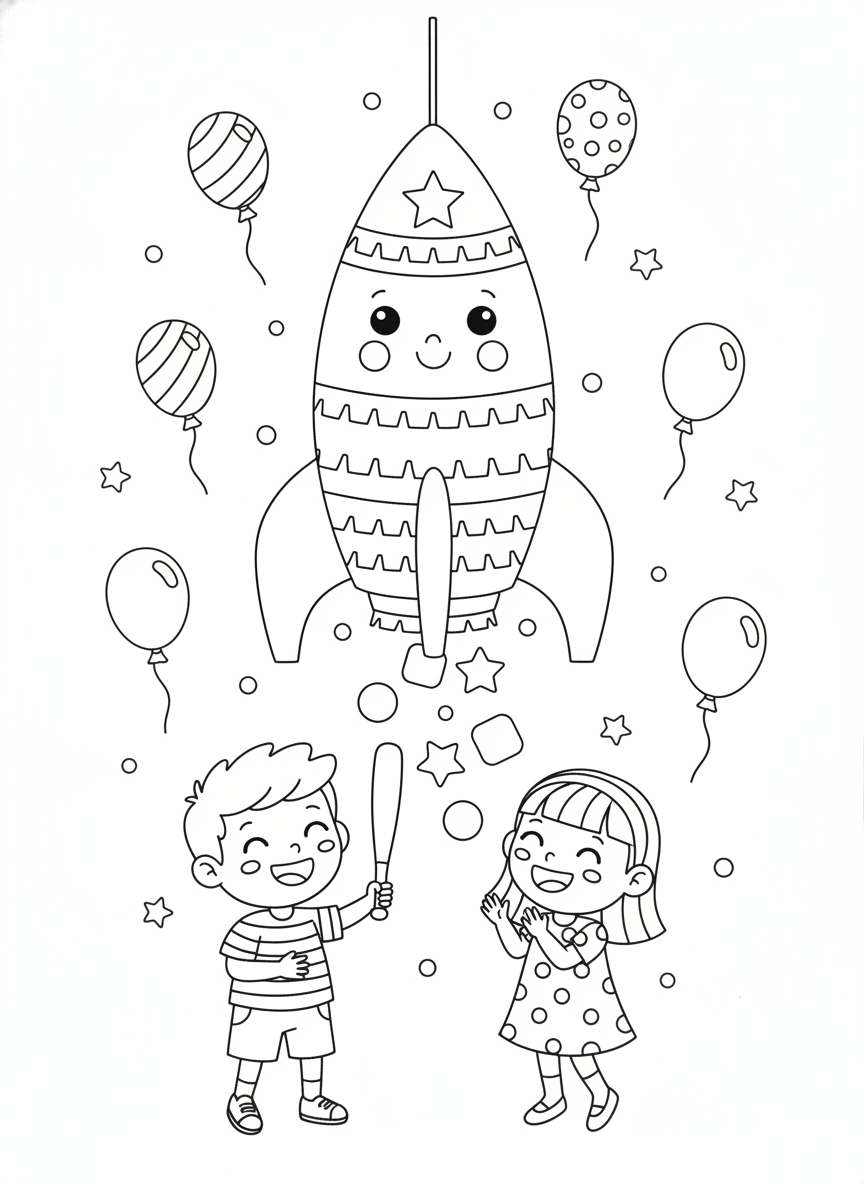 Festive Rocket Piñata Fun: Kids Coloring Page
