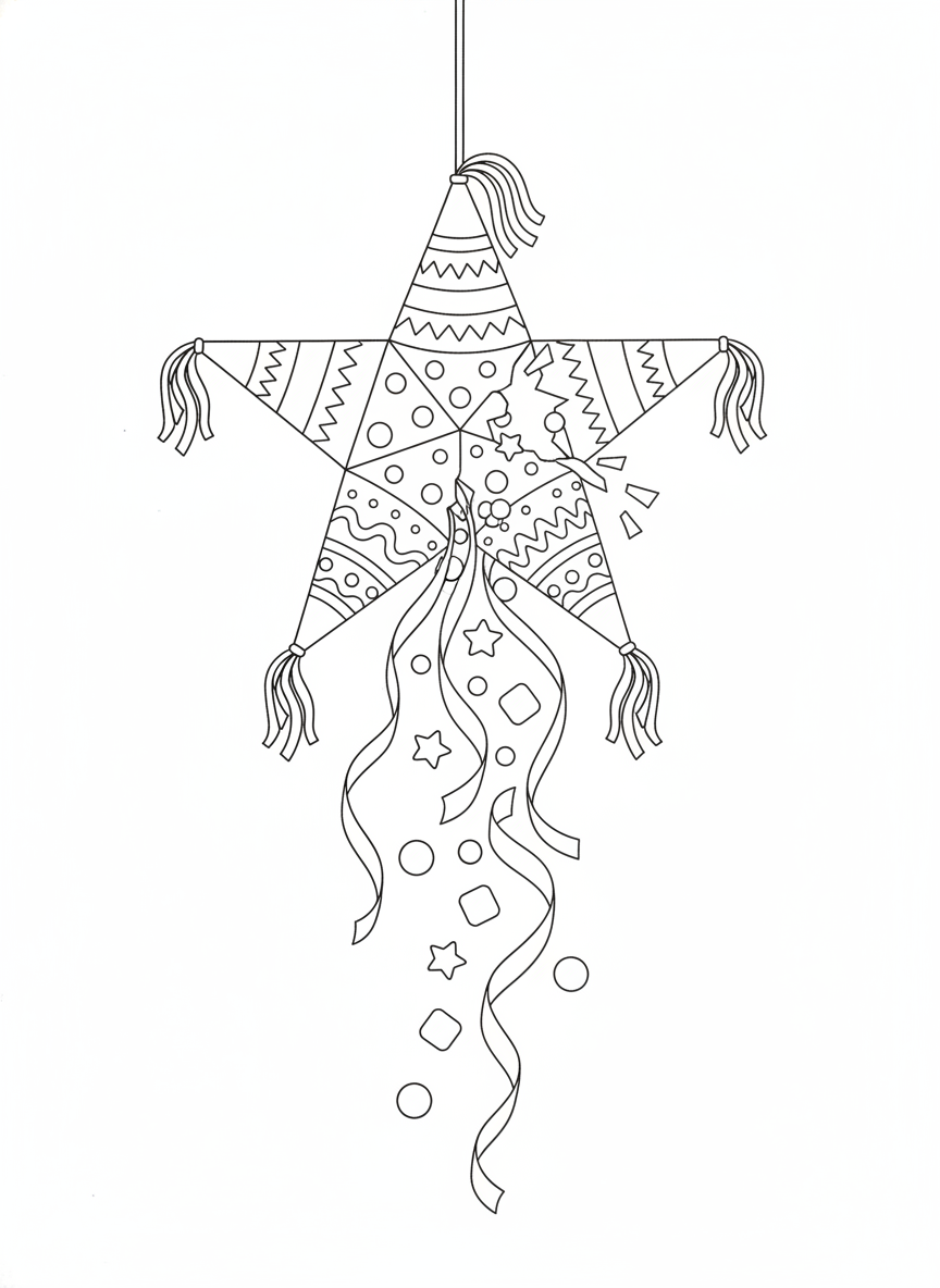 Festive Star Piñata Coloring Page: Candies & Confetti