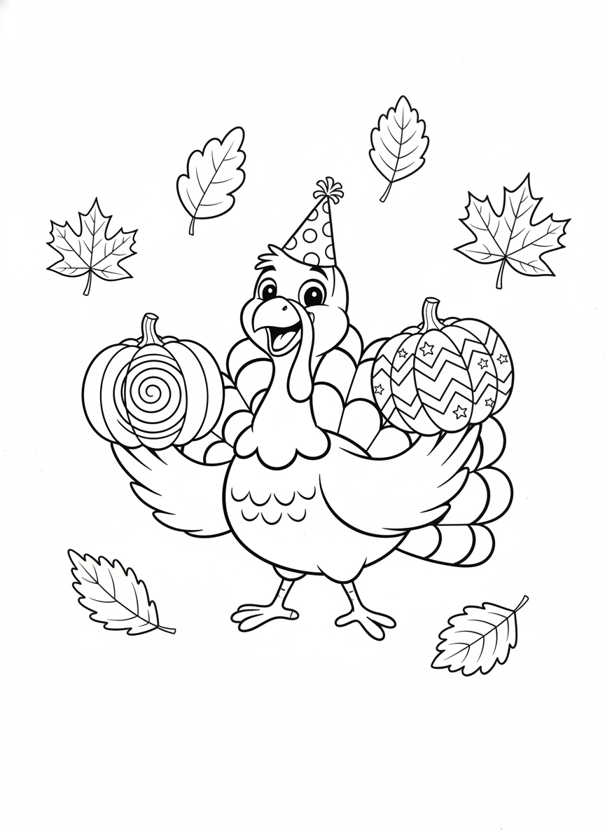 Festive Turkey Juggling Pumpkins Coloring Page
