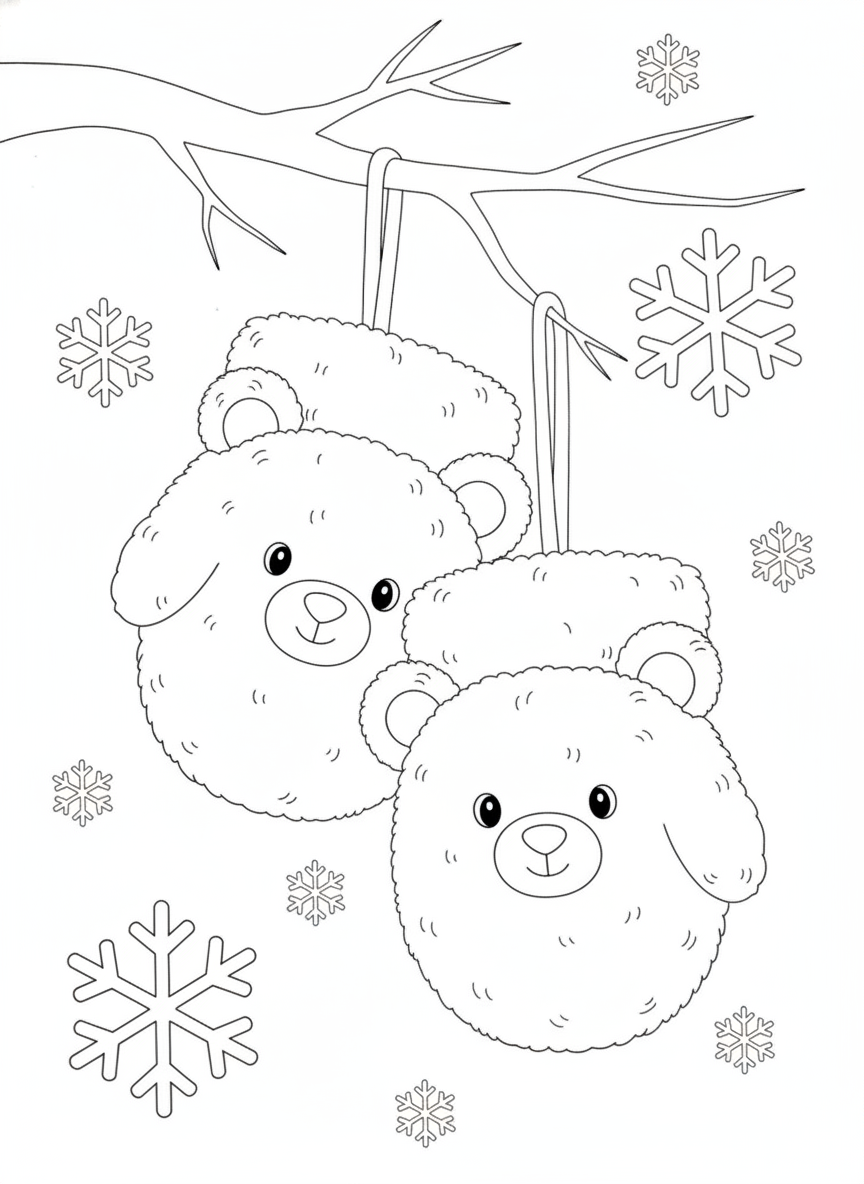 Fluffy Bear Mittens & Snowflakes Coloring Page for Kids