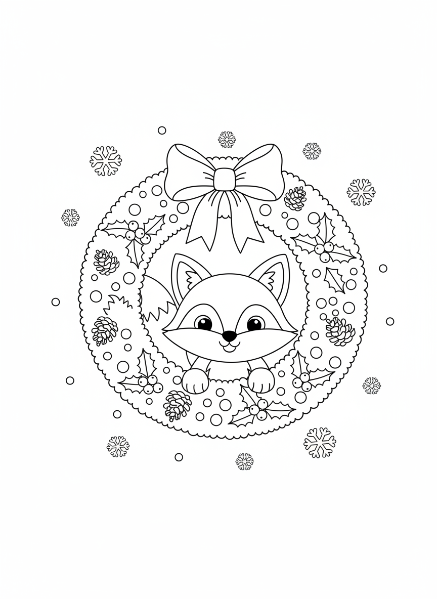 Forest Animal Christmas Wreath Coloring Page