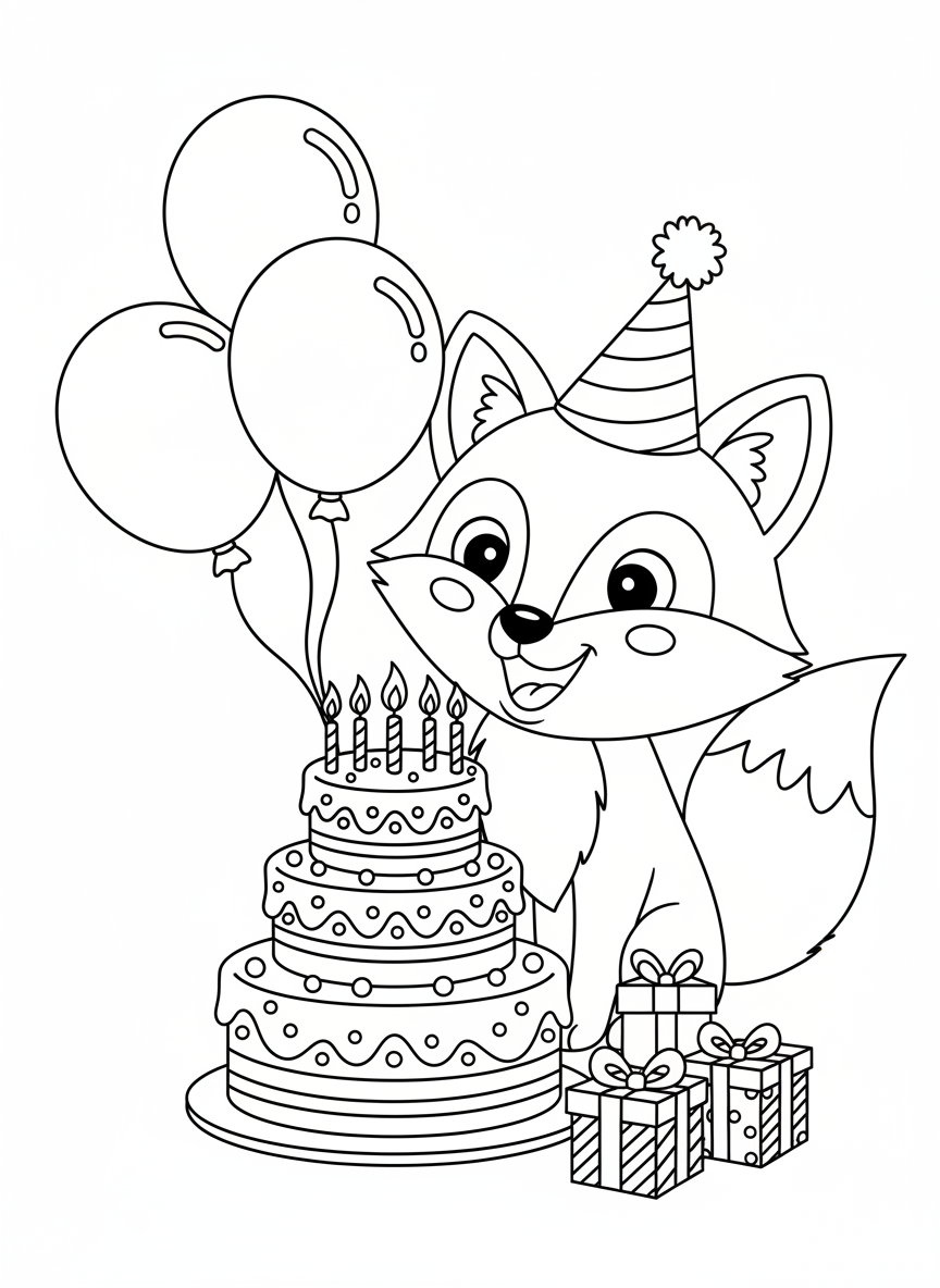 Fox Birthday Party Coloring Page