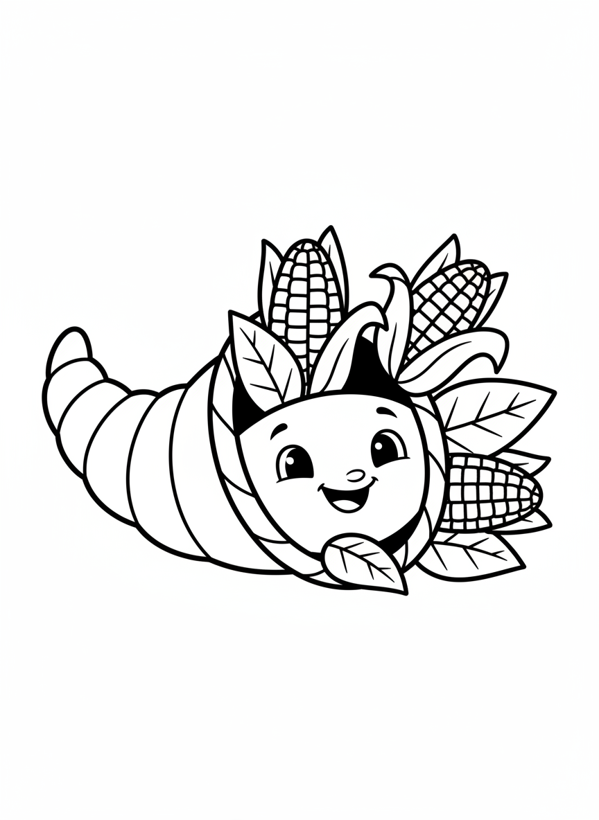 Friendly Cornucopia & Corn Coloring Page for Kids