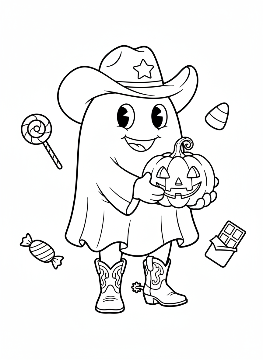 Friendly Cowboy Ghost Coloring Page for Kids