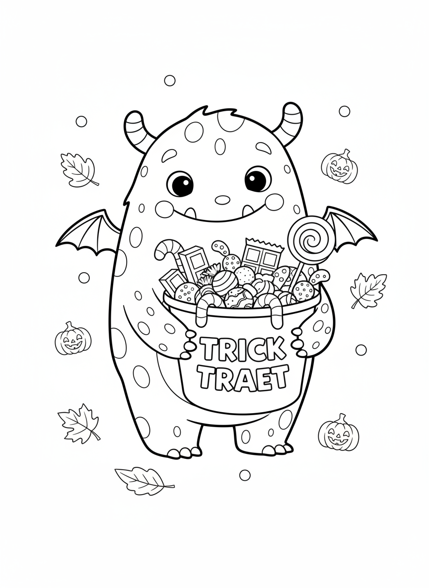 Friendly Halloween Candy Monster Coloring Page