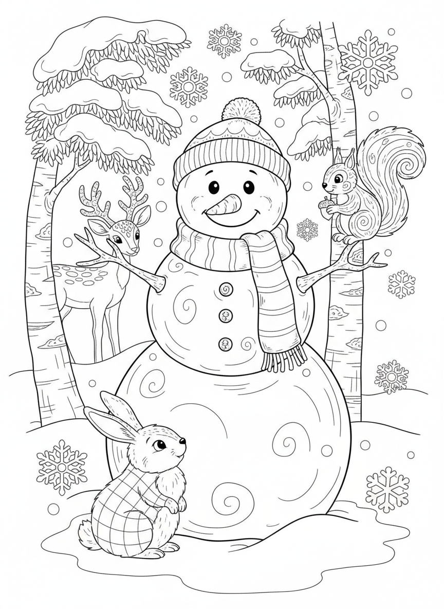 Friendly Snowman and Forest Friends in a Winter Wonderland Coloring Page