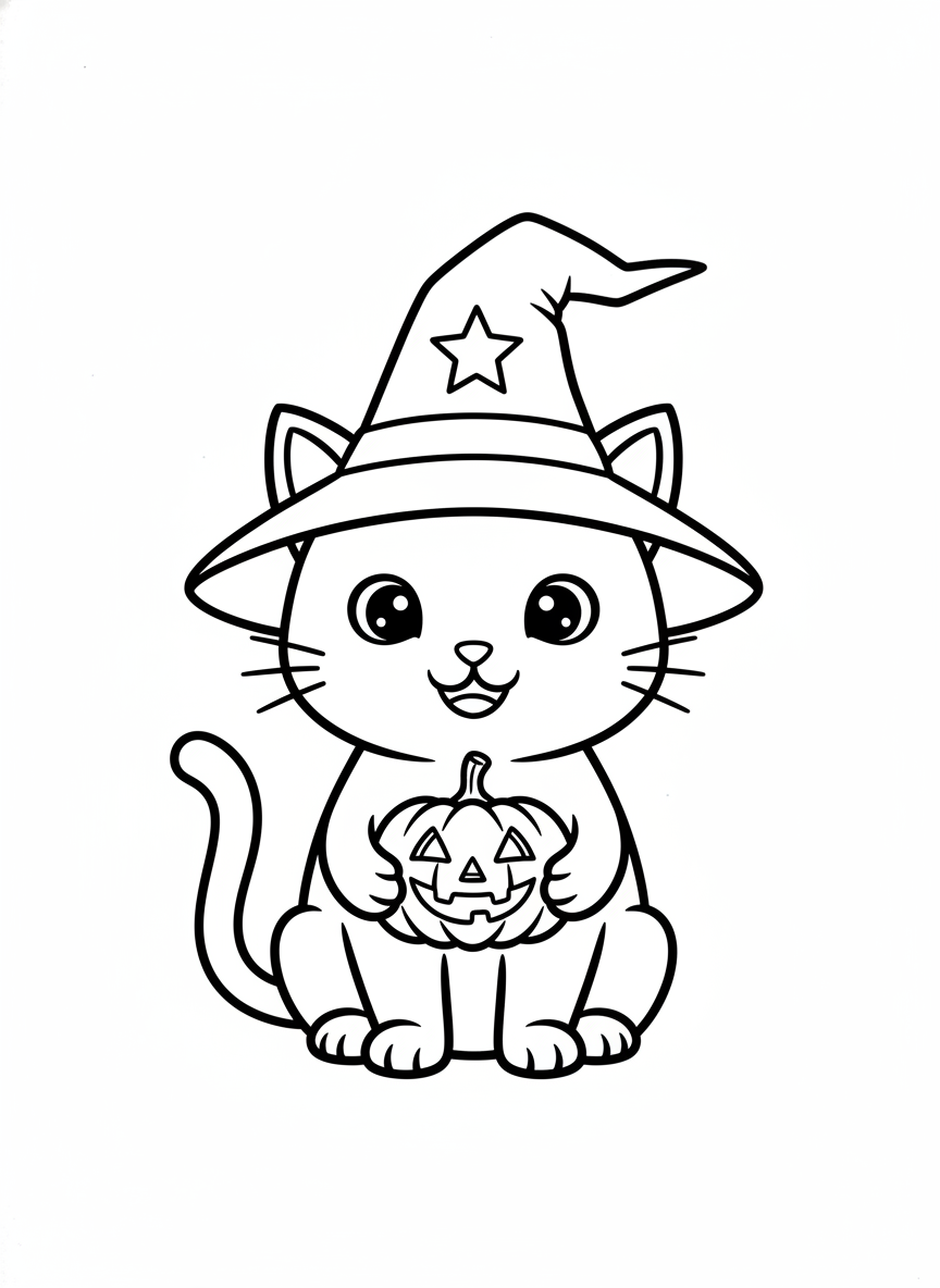 Friendly Witch Cat with Pumpkin Coloring Page