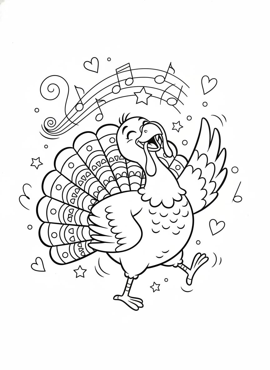 Happy Dancing Thanksgiving Turkey Coloring Page for Kids