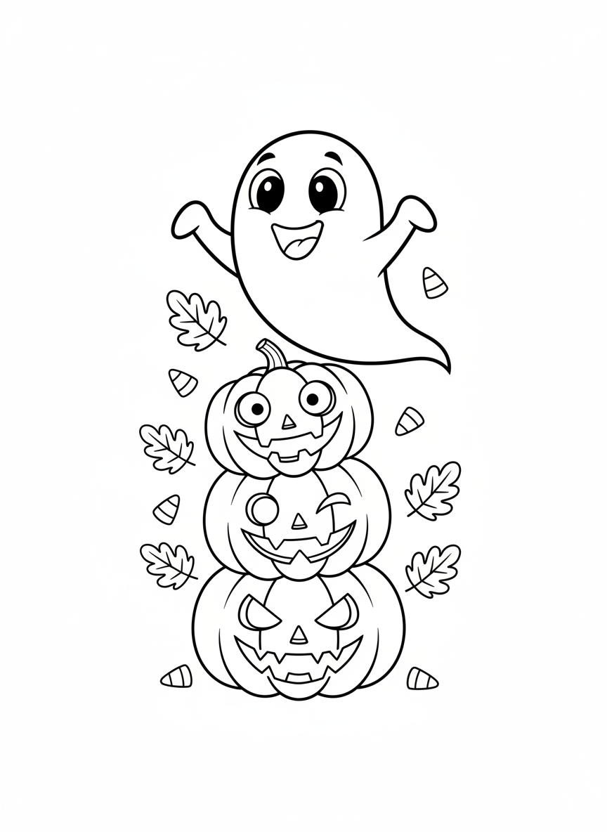 Happy Ghost & Jack-o'-Lanterns Halloween Coloring Page
