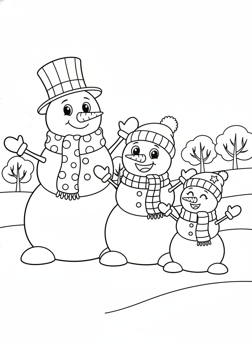 Happy Snowman Family Coloring Page