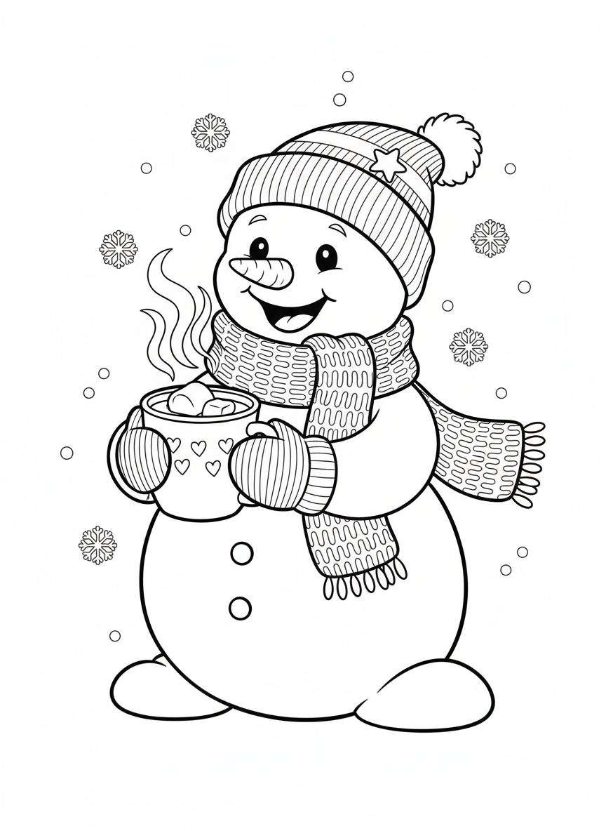 Happy Snowman with Hot Cocoa Coloring Page