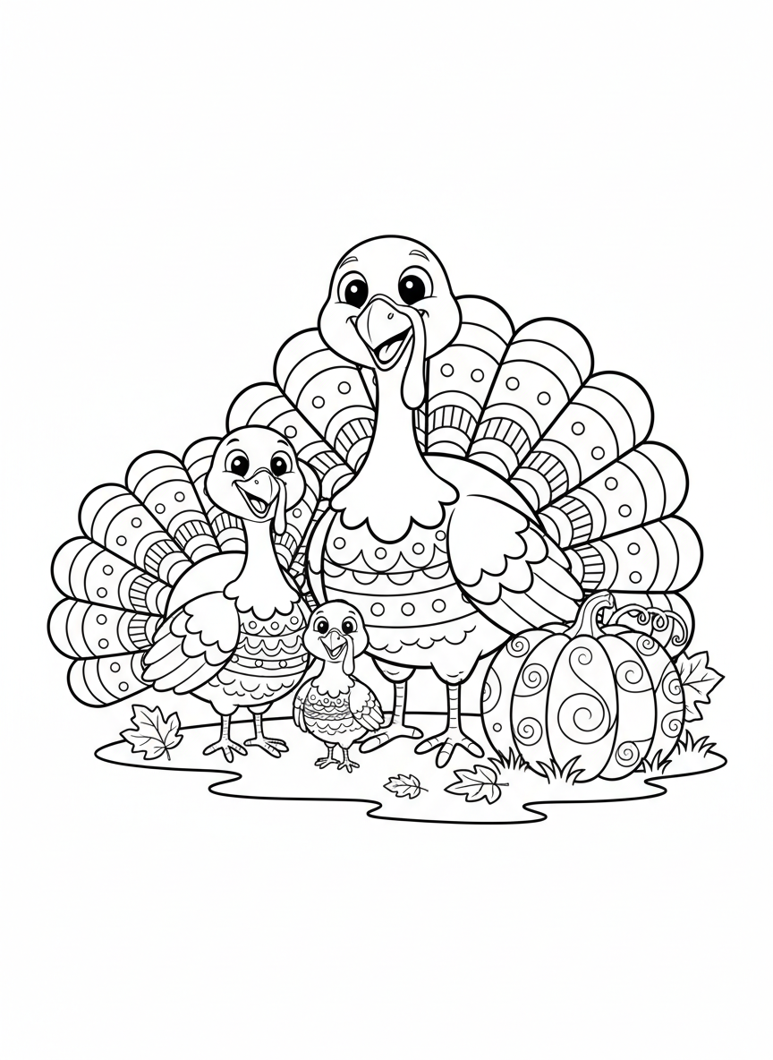 Happy Thanksgiving Turkey Family Coloring Page