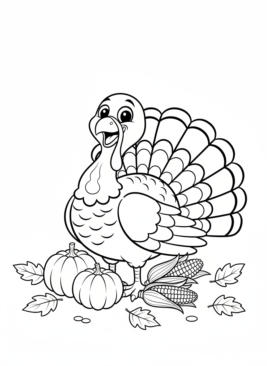 Happy Thanksgiving Turkey & Harvest Coloring Page for Kids