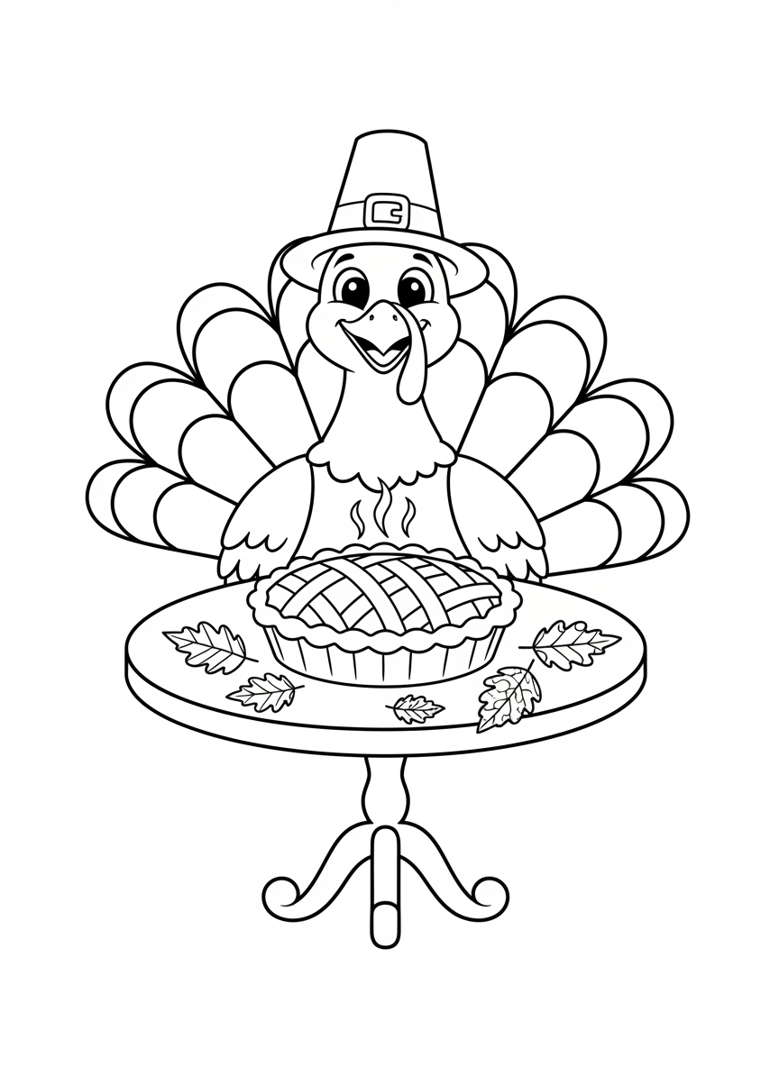 Happy Thanksgiving Turkey & Pie Coloring Page for Kids