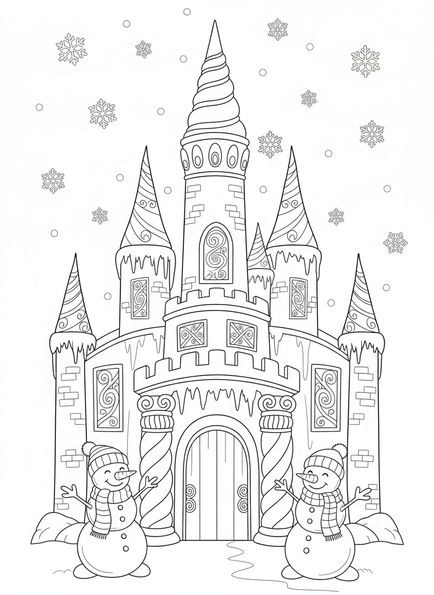 Ice Castle & Snowmen Coloring Page for Kids