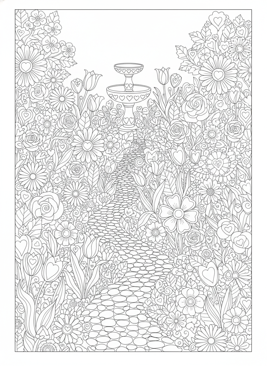 Intricate Valentine's Day Garden Coloring Page
