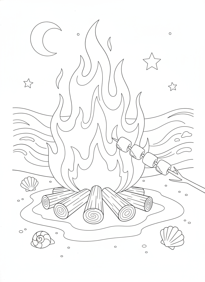 Joyful Beach Bonfire Coloring Page with Marshmallows