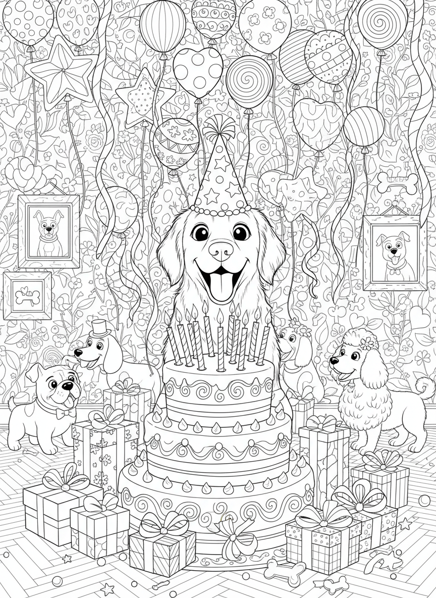 Joyful Dog Birthday Party: Intricate Coloring Page for Advanced Young Artists