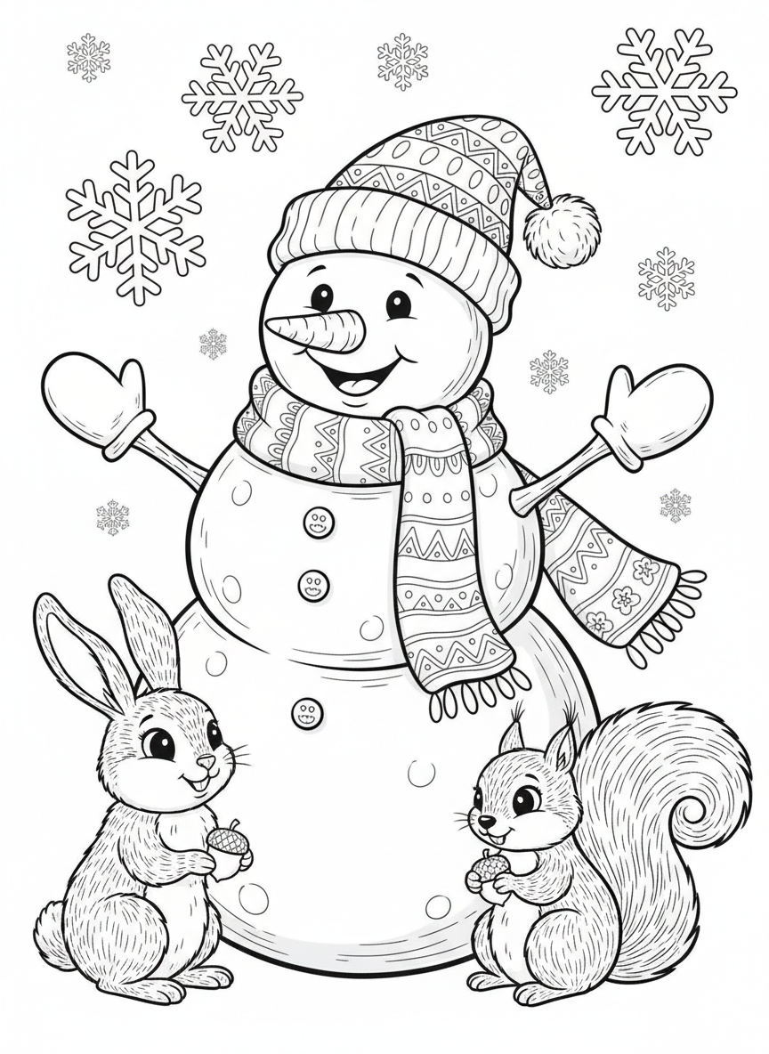 Joyful Snowman & Forest Friends Christmas Coloring Page