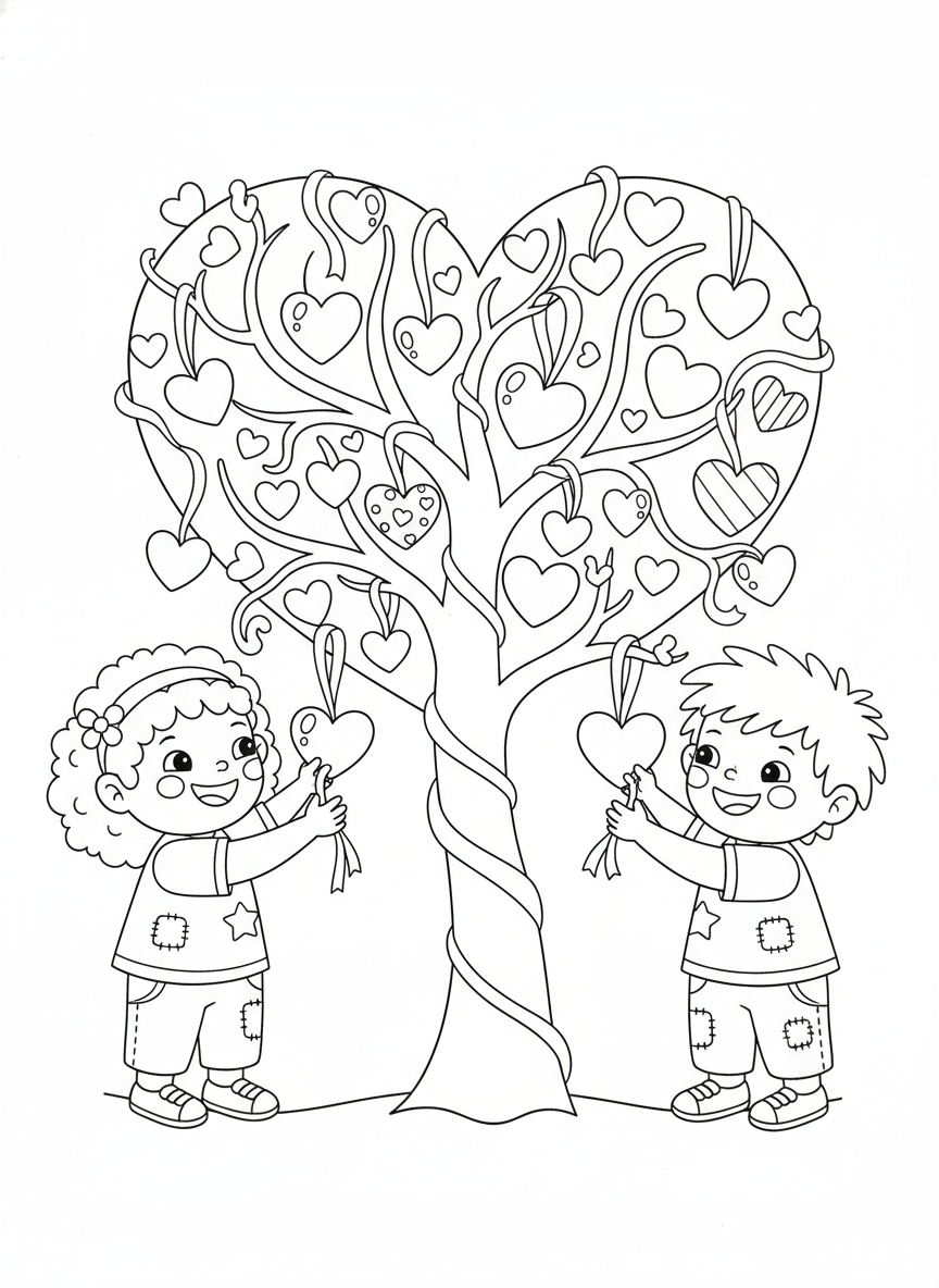 Kids Decorate Valentine Tree Coloring Page