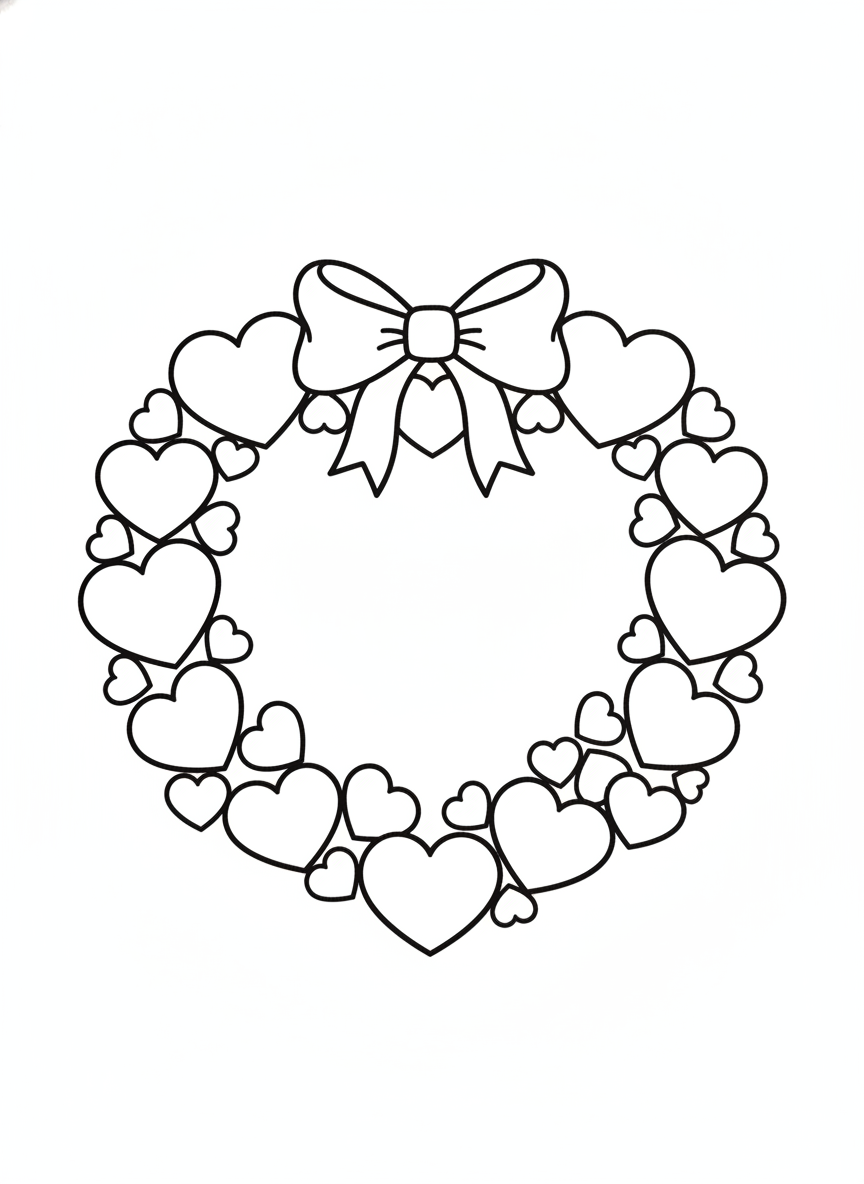 Kids' Easy Heart Wreath Coloring Page with a Big Bow