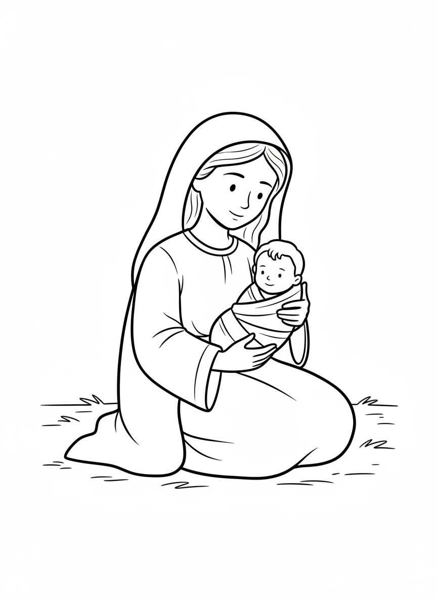 Mary Cradling Baby Jesus Coloring Page