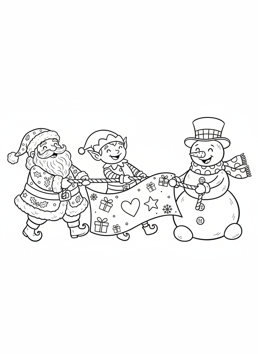 Merry Christmas Parade: Santa, Elf, and Snowman with Banner Coloring Page