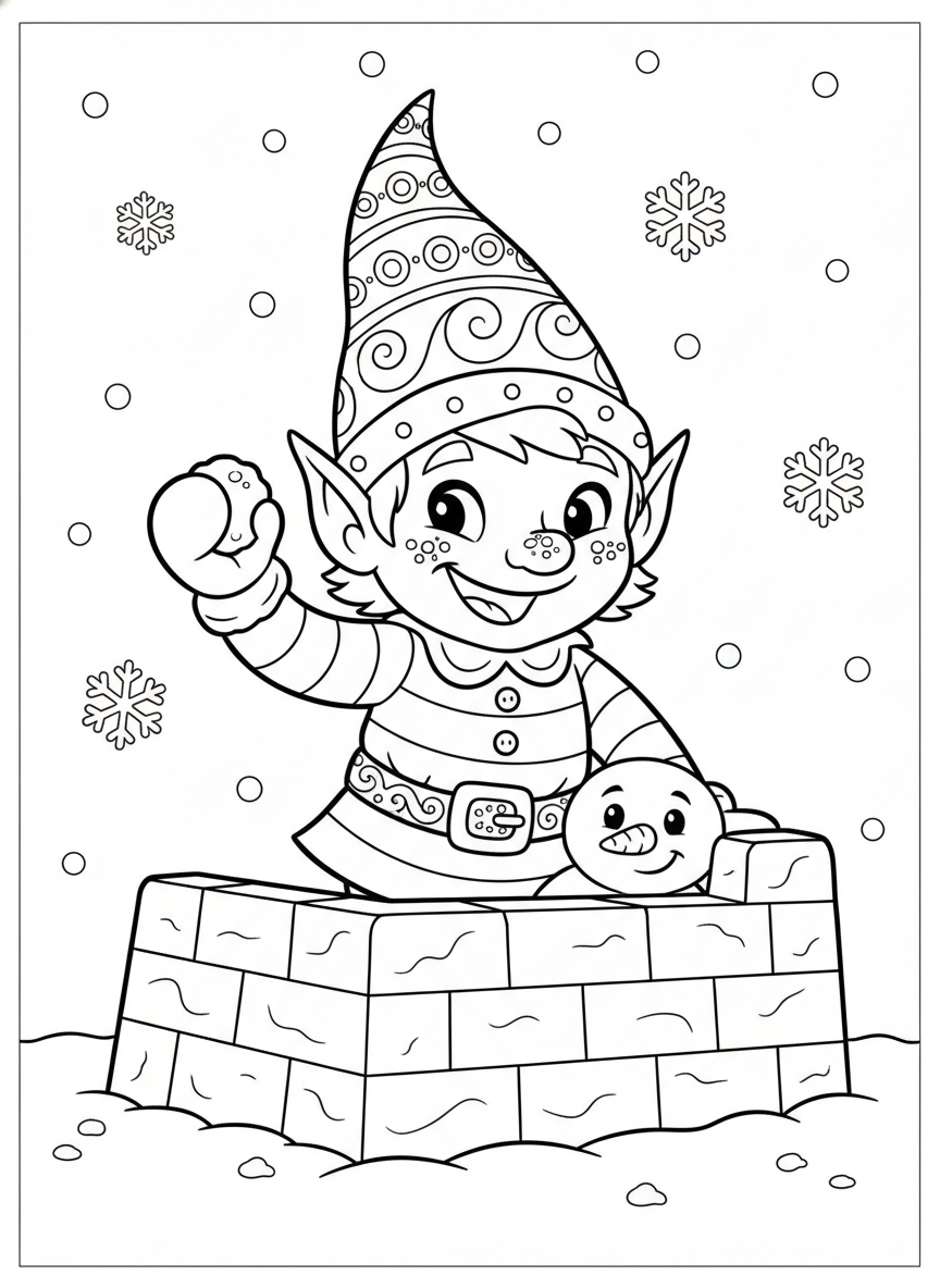 Mischievous Snow Elf Builds a Fort: A Whimsical Winter Wonderland Coloring Page for Kids
