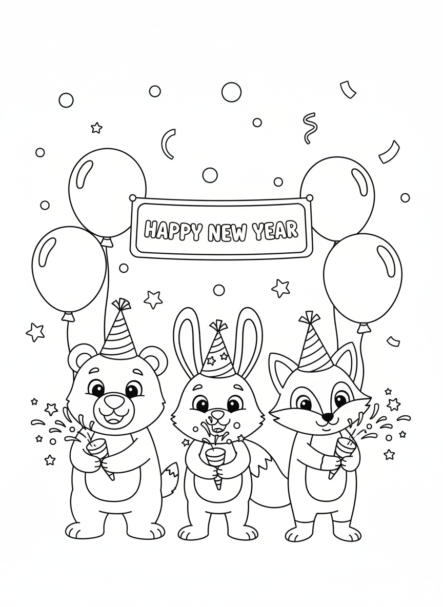 New Year Animal Friends Coloring Page for Kids