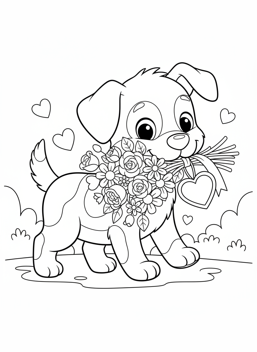 Puppy Delivers Valentine Flowers Coloring Page