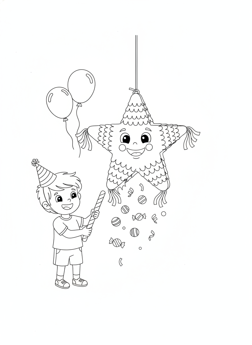 Rainbow Piñata Party Fun Coloring Page for Kids