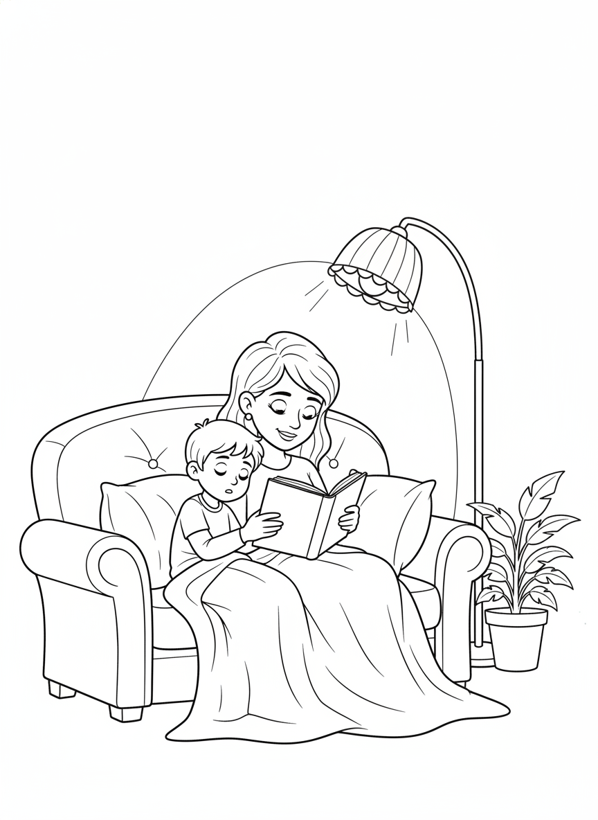 Reading a Story Together Coloring Page