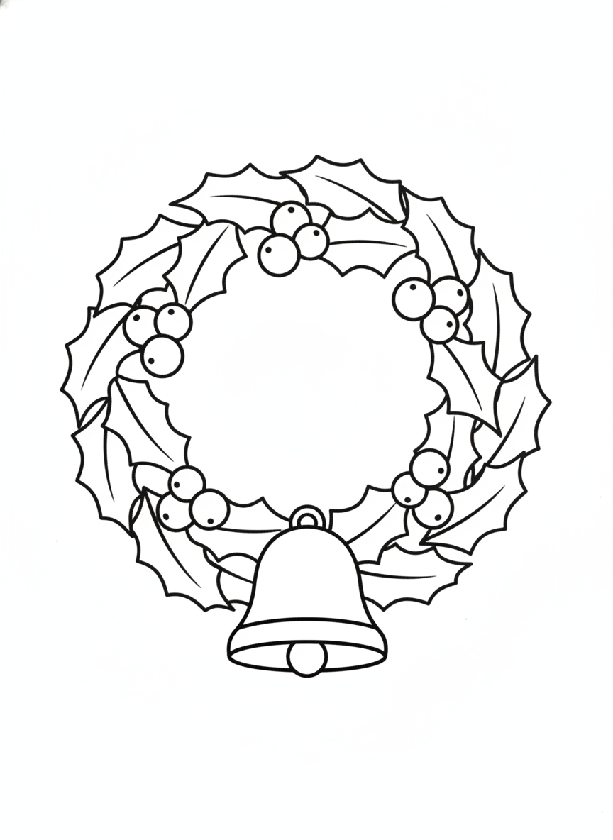 Simple Christmas Wreath and Bell Coloring Page for Toddlers