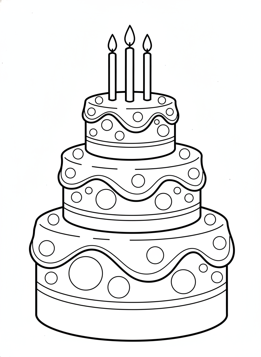 Simple Tiered Birthday Cake Coloring Page with Candles and Polka Dots
