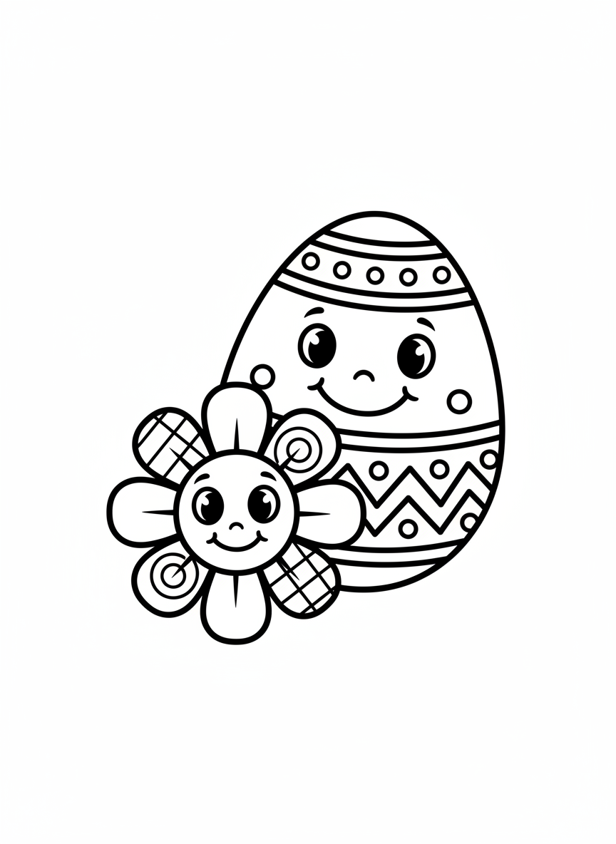 Smiling Easter Egg & Flower Coloring Page