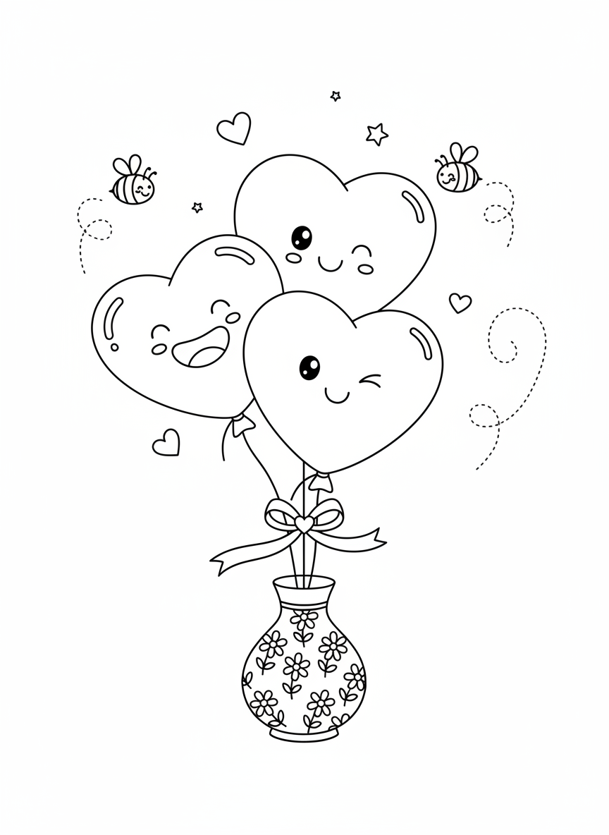 Smiling Heart Balloons & Bees Coloring Page