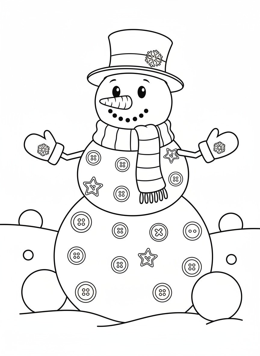 Snowman with Many Buttons Coloring Page