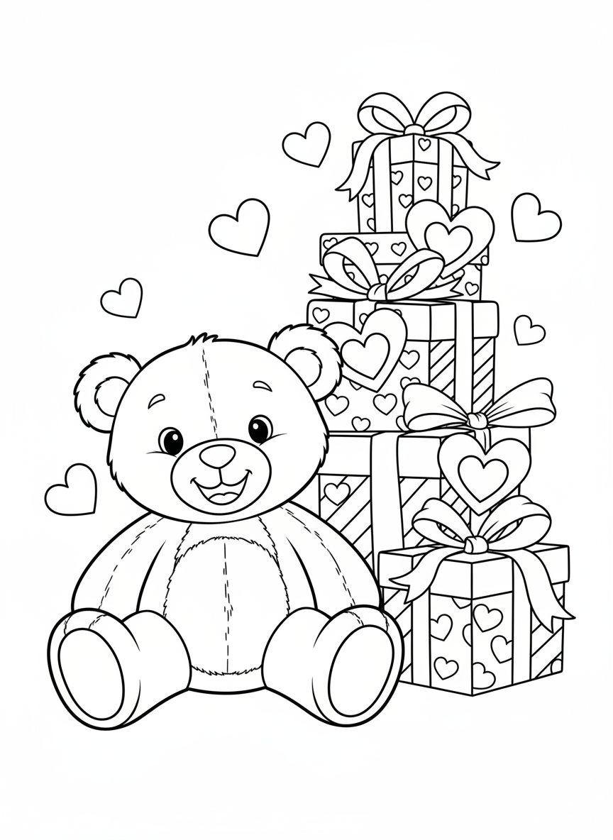 Teddy Bear with Valentine Gifts Coloring Page