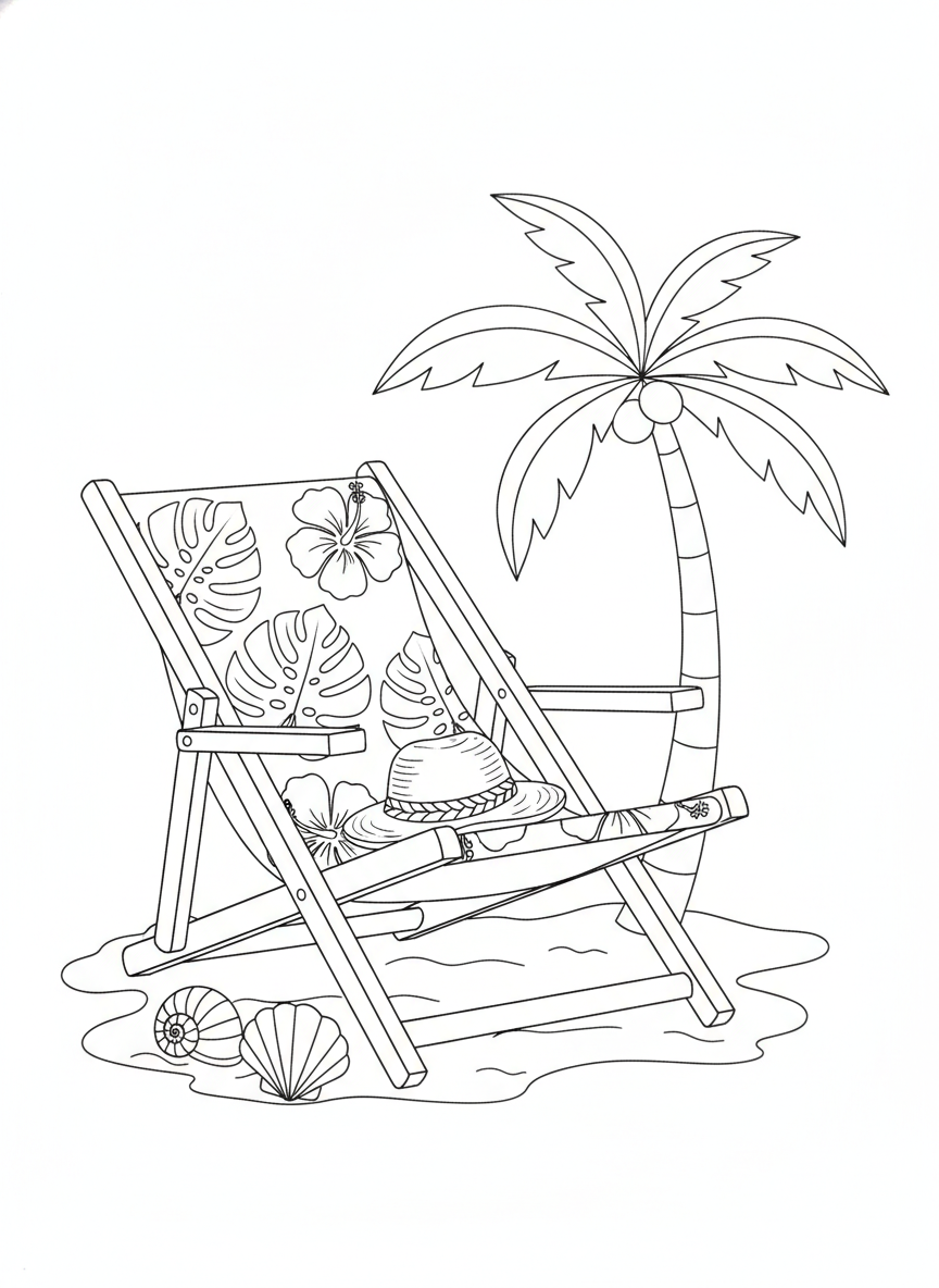 Tropical Beach Chair Coloring Page for Kids: Relaxing Island Fun