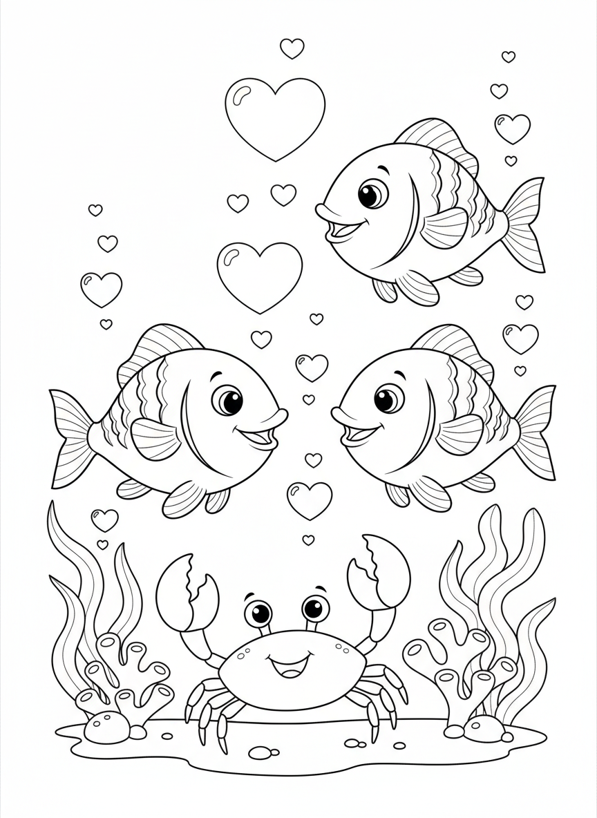Underwater Valentine Sea Creatures Coloring Page