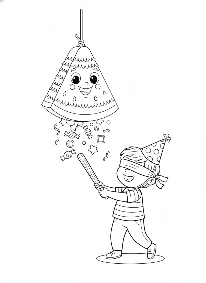Watermelon Piñata Party Fun Kids Coloring Page