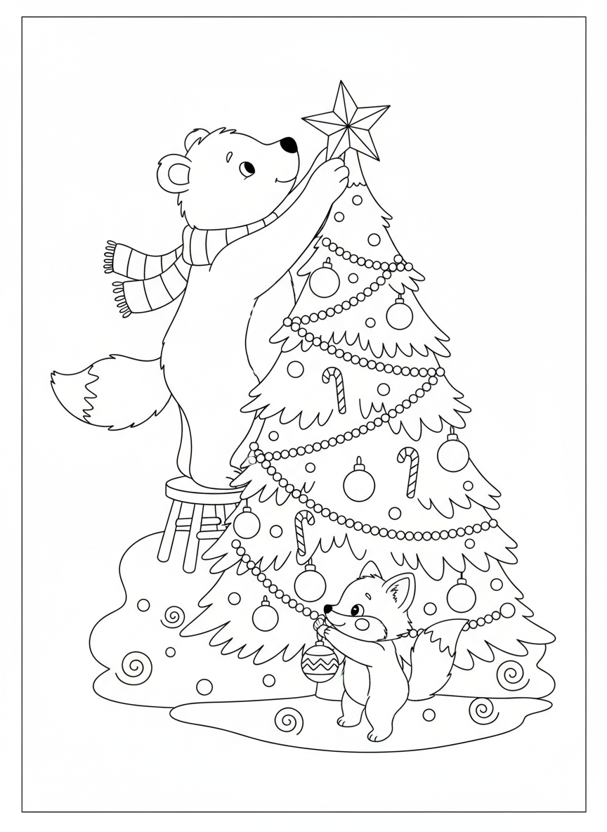 Whimsical Christmas Tree Coloring Page with Bear & Fox