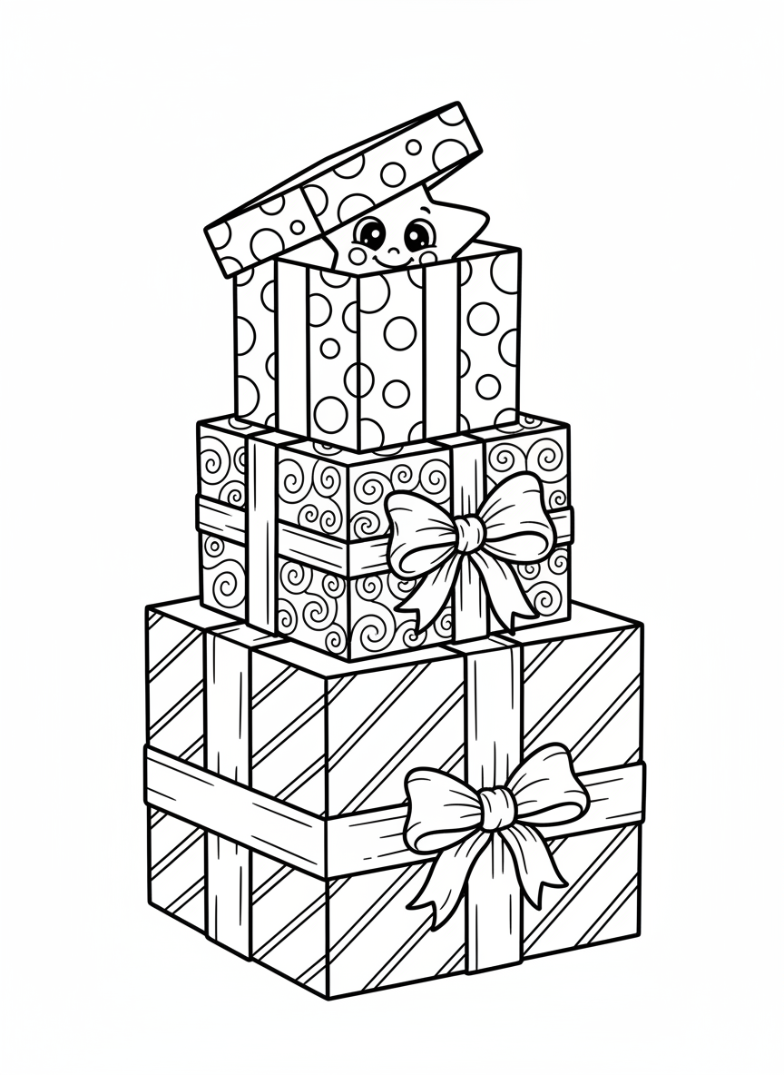 Whimsical Gift Box Star Reveal Coloring Page