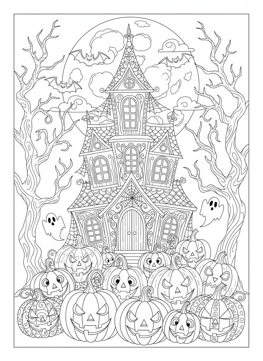 Whimsical Halloween Mansion: Detailed Coloring Page for Kids 8-10
